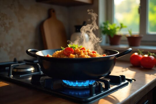 A delicious meal simmers gently on a stovetop, steam rising from a pot The warm kitchen light creates a cozy atmosphere, perfect for home cooking , oven, simmer