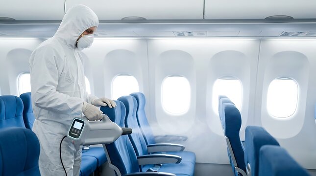 Professional cleaner in protective suit disinfecting airplane seats with a fogging machine to prevent the spread of viruses
