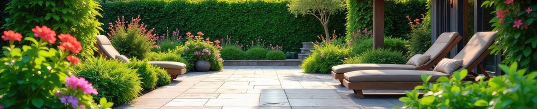 Serene patio garden oasis featuring lush greenery, blooming flowers, and elegant stone paving  Perfect for relaxation and outdoor entertaining  Enjoy the tranquility ,  plants,  comfortable