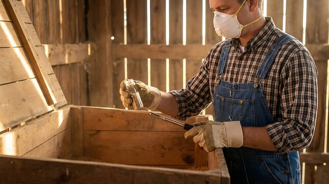 Farmer in a barn wearing a mask and gloves, inspecting a sample of grain from a wooden storage bin with a grain probe and vial