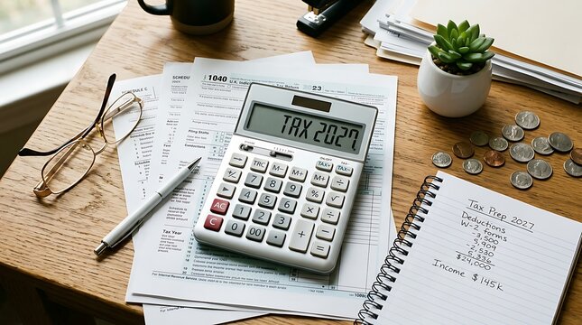 Tax preparation concept with 1040 tax form, calculator, pen, glasses, and coins on a wooden desk