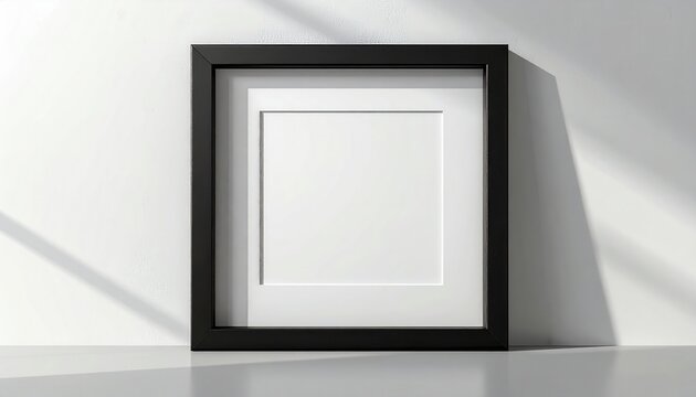 Marco cuadrado negro s&oacute;lido con paspart&uacute; blanco apoyado en pared blanca texturizada con luz de ventana