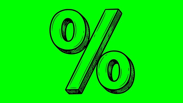 animated hand drawn black percentage symbol with hatch shading on a green screen chroma key background, perfect for retail discount, sales promotion, and financial business videos