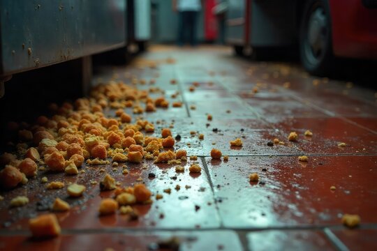 Close-up of a dirty restaurant floor with scattered crumbs, spilled drinks, and general debris; a glimpse into the unseen realities of restaurant work ,  floor,  back of house,  surface