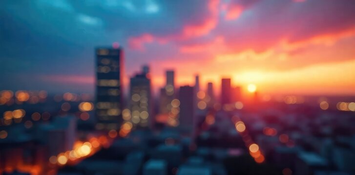 A blurred city skyline at sunset, suggesting a professional's ambition and drive; perfect for career and business-related projects ,  progress,  planning