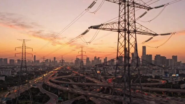Dramatic sunset aerial footage of electric power transmission lines above massive highway interchange and modern urban cityscape with skyscrapers in distance.