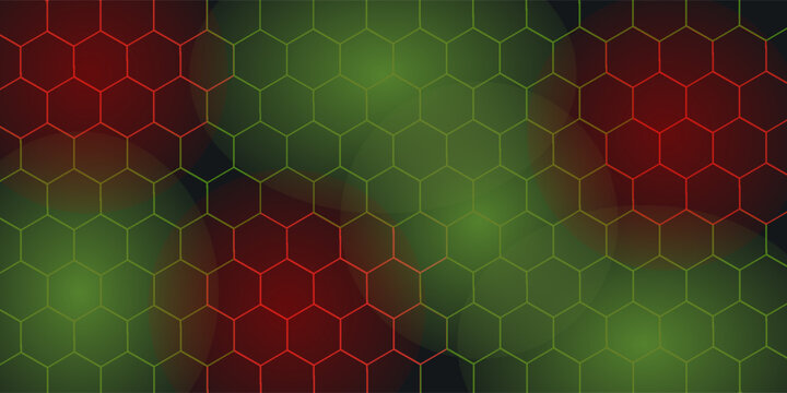 Dark red and blue hexagon abstract technology background with red and blue colored bright flashes under hexagon. Hexagonal gaming vector abstract tech background.