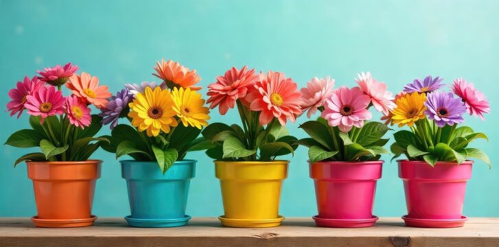 A cheerful array of colorful flowerpots filled with blooming flowers, ready to brighten any space  Perfect for spring, summer, gardening, and home decor  ,  patio,  balcony,  potted plants