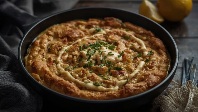 Artisan hibbes with a creamy tahini lemon garlic topping