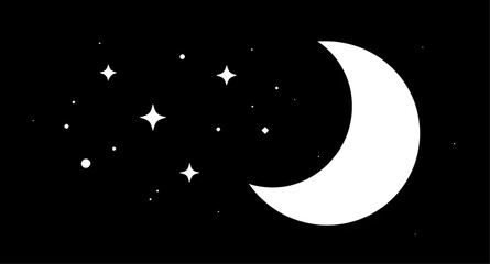 moon, crescentmoon, stars, minimalist, night, celestial, blackbackground, white, astronomy, space, dreamy, icon, lunar, simple, vector, illustration, wallpaper © zpixel