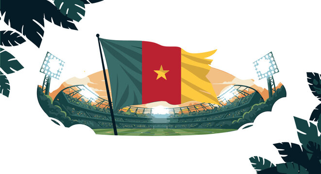 Cameroon National Flag Soccer Background with Green Red and Yellow Vertical Stripes Central Yellow Star and Professional Football Graphic for Sports Tournaments and National Fans