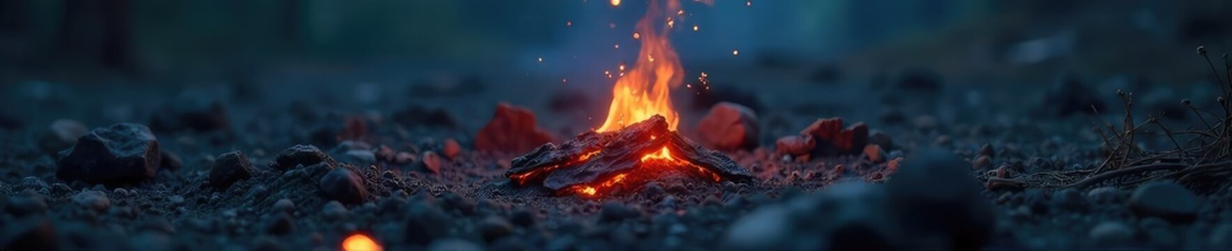 A single, smoldering ember glows faintly amidst a scattering of ash, the only remaining trace of a recently extinguished fire in a desolate landscape , still, charcoal, devastation
