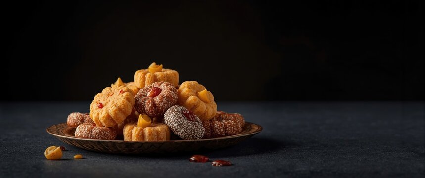 Assorted Indian mithai set against a moody dark backdrop
