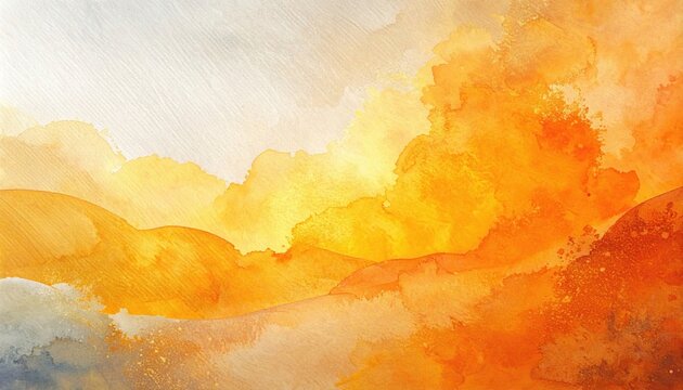 Paisaje abstracto de acuarela vibrante con tonos naranja ardiente y amarillo dorado con cielo texturizado