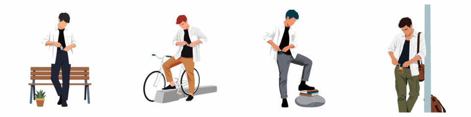 Fototapeta premium Collection of Stylized Flat Vector Illustrations Featuring Young Men in Casual Outfits Engaged in Daily Urban Activities and Poses