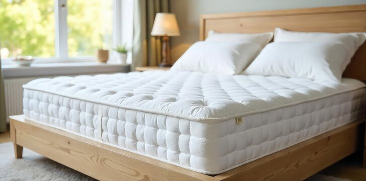 A fluffy white mattress, freshly made and inviting, sits in a bright, airy bedroom Ready for a relaxing night's sleep, it displays luxurious comfort and impeccable quality , cozy, bedding