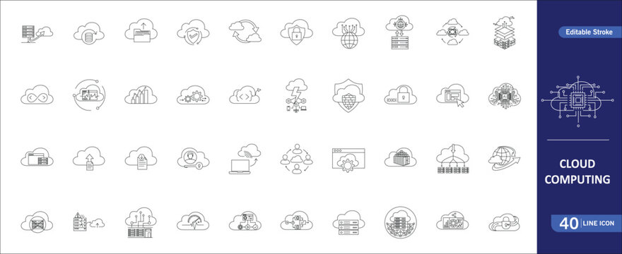 Cloud Computing Line Icons Set &ndash; Editable Stroke Outline Vector, Cloud Security, Data Storage, SaaS Technology, AI Cloud, Single Line Icons Collection &ndash; 40 Icon Pack &ndash; Minimal clean modern vector icon