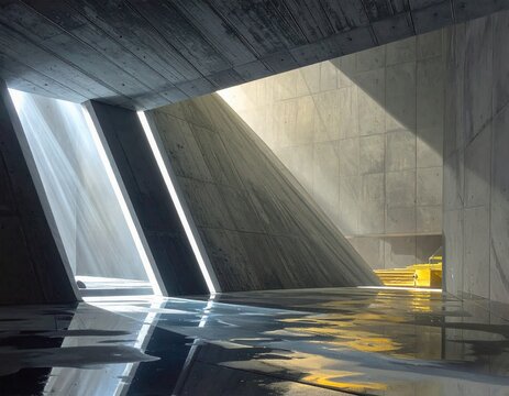 Interior arquitect&oacute;nico moderno de hormig&oacute;n con rayos de sol dram&aacute;ticos suelos h&uacute;medos reflectantes y sombras geom&eacute;tricas fuertes
