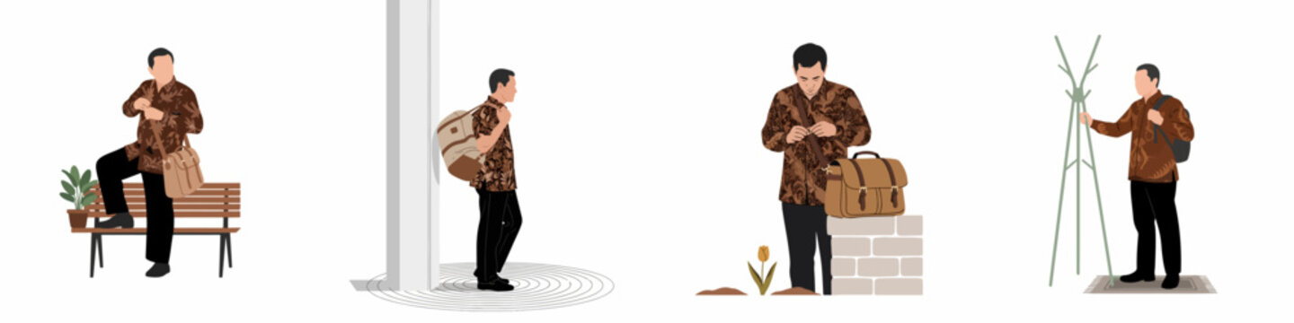 Illustration of a Man Wearing Traditional Batik Shirts in Various Poses with Bags, Highlighting Indonesian Culture and Modern Professional Life
