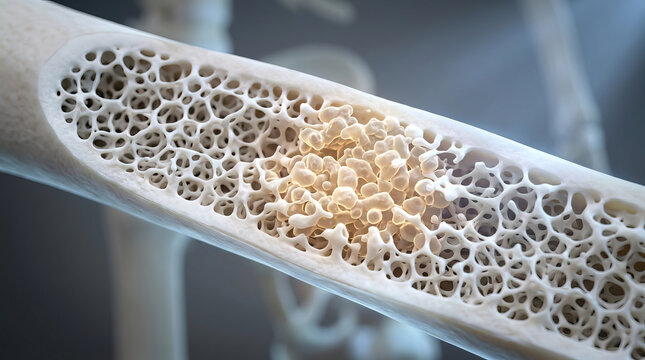 Bone cells growing within porous bone structure, detailed 3D medical illustration showing internal bone tissue with trabecular network and cellular growth, scientific visualization