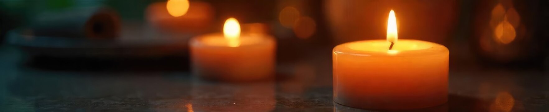 Close-up of a burning candle, soft candlelight illuminating the surrounding area, creating a warm and inviting atmosphere Perfect for relaxation, meditation, or spa themes , beauty, evening