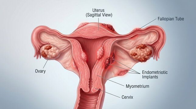 Endometriotic implants on uterus, ovary, and fallopian tube showing tissue growth causing pain and inflammation in female reproductive system anatomy