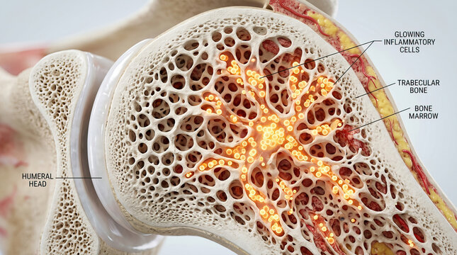 Bone cross section showing trabecular bone, bone marrow, and glowing inflammatory cells inside humeral head, illustrating internal bone structure and cellular activity
