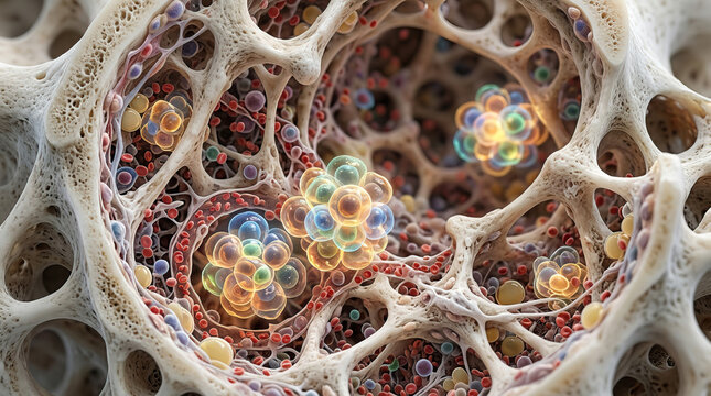 Bone structure with colorful cells and blood cells inside, detailed macro medical illustration showing microscopic anatomy and cellular components in vibrant and dynamic view