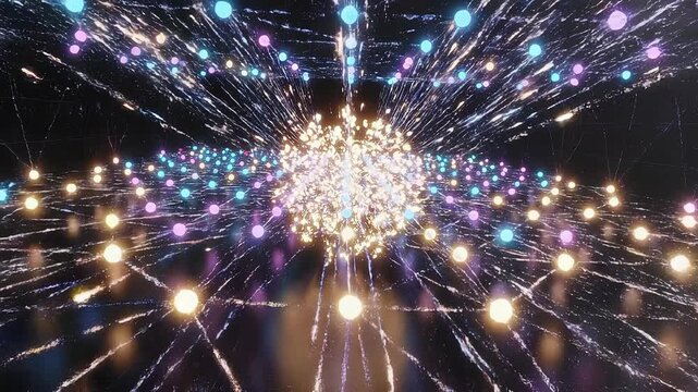 Colorful illustrative 3D animation of neural network concept. Abstract digital particle explosion with colorful glowing spheres and dynamic light trails in dark space