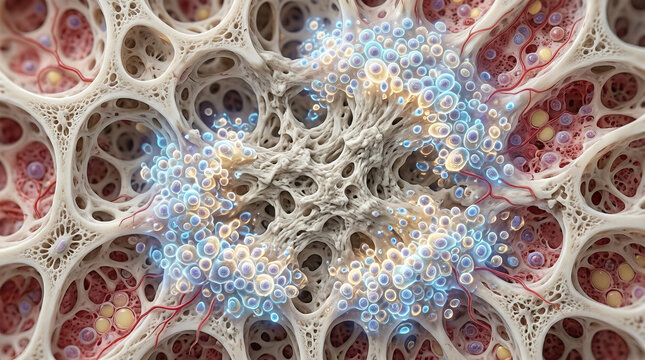 Abnormal bone tissue with porous structure and cellular clusters, showing detailed microscopic view of bone marrow and blood vessels in biological environment