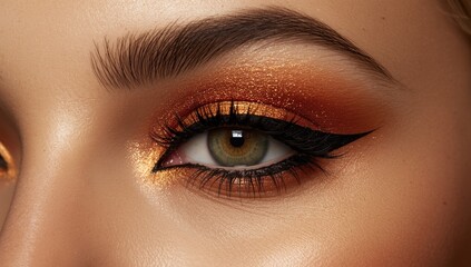 Obraz premium Artistic eye makeup close up showcasing shimmering orange and gold eyeshadow plus bold eyeliner