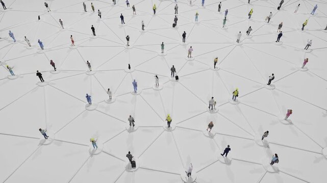 Diverse crowd of small figures on a vast white plane connected by triangular network lines. Perfect for social media and community concepts.