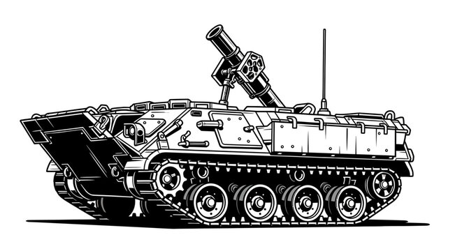 Black and white armored vehicle with mortar military illustration