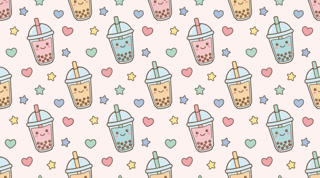 Cute cartoon bubble tea seamless pattern with hearts and stars