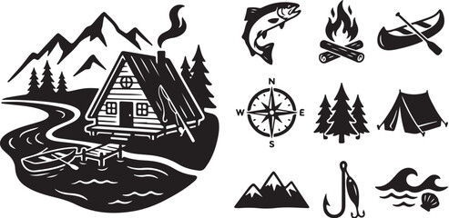 Obraz premium Cabin in the woods with camping icons set