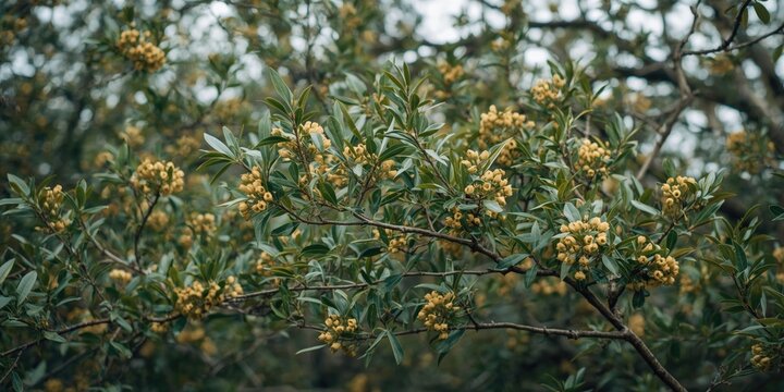 Black Locust Tree Branches with Flowers Close-Up, Green Foliage Detail, Soft Light