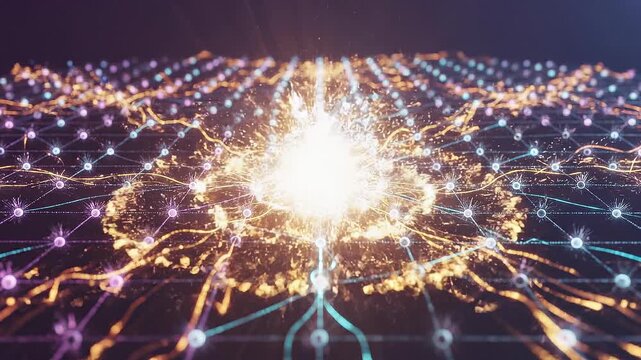 Colorful illustrative 3D animation of neural network concept. Abstract digital network visualization with glowing nodes and vibrant data connections for technology concept