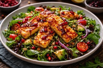 Fototapeta premium Savory fried halloumi salad with pomegranate molasses and greens