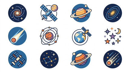 Collection of Space and Astronomy Icons for Digital Design. © Dersa
