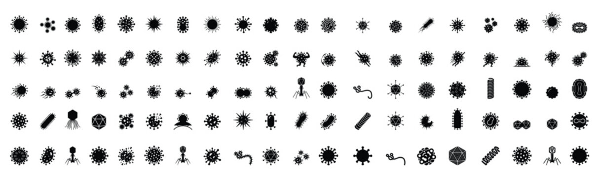 Virus and Bacteria Silhouette Icon Collection Vector Illustration Isolated on White Background
