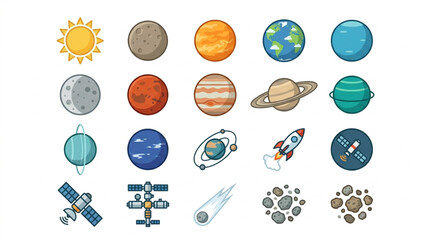 Collection of Planets Moons Sun and Space Objects. © Dersa