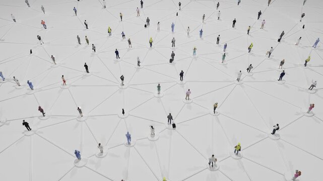 Professional business people, engineers, and medical staff stand connected on a network on a white plane.