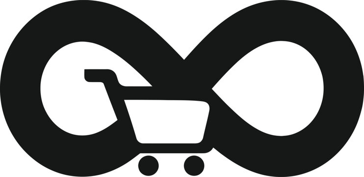 Infinity loop shopping cart vector black icon for circular economy and endless consumerism marketing concept design.