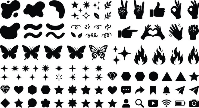 Black silhouette icon pack featuring social media symbols hand gestures stars butterflies flames and geometric shape elements