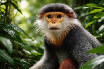 Fototapeta premium Wildlife close up of a red shanked douc langur exhibiting alert expression among tropical foliage