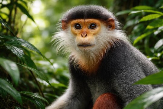 Wildlife close up of a red shanked douc langur exhibiting alert expression among tropical foliage