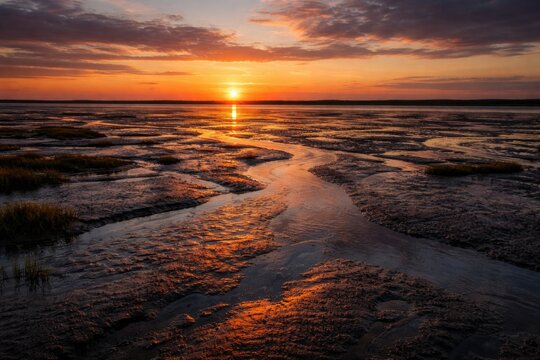 Sunset glow over wide mudflats during low tide