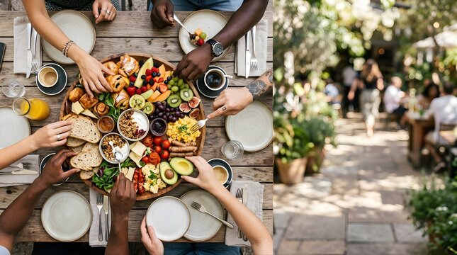 Diverse group of people sharing a healthy brunch platter at an outdoor cafe