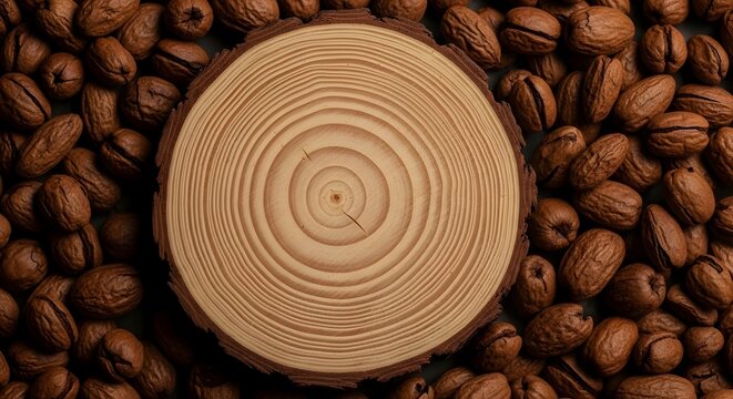 Wooden Slice Coaster on Roasted Coffee Beans Background