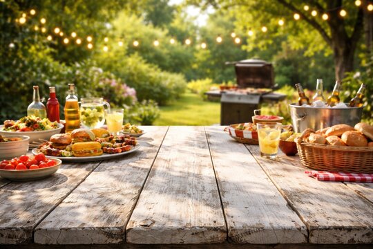White aged wooden tabletop with diffused backyard greenery and barbecue setup for summer celebration